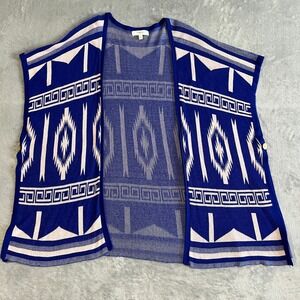 Umgee Aztec Tribal Print Open-Front Kimono Cardigan S/M Boho Blue/Beige Festival
